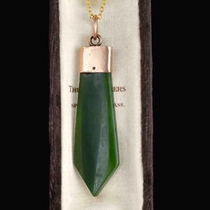 Antique Jade Pendant Necklace, Rose Gold Edwardian Maori Pounamu New Zealand Jade Pendant, Rolled Gold Charm Pendant, Natural Jade Jewelry