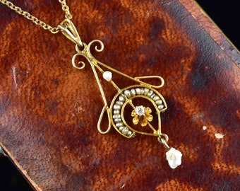 Antique Pearl Diamond Necklace, 10K Gold Diamond Pearl Lavaliere Pendant Necklace, Vintage Jewelry