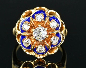 Vintage 14K Gold Enamel Diamond Ring, .86 Carat Mine Cut Diamond Edwardian Style Cluster Ring, Gold Buttercup Ring, Estate Jewelry Size 6
