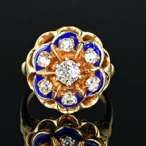 Vintage 14K Gold Enamel Diamond Ring: Edwardian Buttercup Cluster, Size 6