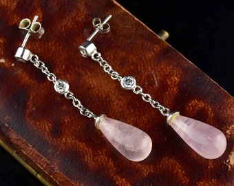 Silver Rose Quartz Earrings, Sterling Silver Pink Rose Quartz Simulated Diamond Chandelier Earrings, Fine Vintage Jewelry