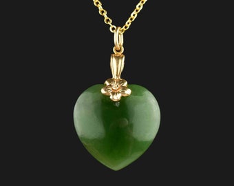 14K Gold Jade Heart Pendant Necklace, Floral Green Gemstone Jade Charm Pendant, Vintage Jewelry