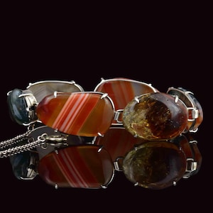 Antique Silver Scottish Agate Bracelet, Victorian Scottish Banded Agate Bracelet, Moss Agate Link Bracelet, 1890s Antique Jewelry