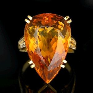 Vintage 18K Gold Diamond Citrine Ring, 18 CTW Pear Cut Citrine Diamond Ring, 1/2 Carat Diamond Ring, Statement Cocktail Ring, High Profile