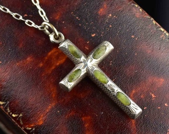Silver Connemara Marble Cross Necklace, Irish Connemara Marble Cross Pendant Necklace, Vintage Jewelry