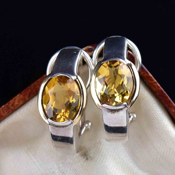 Vintage 18K Gold Silver Citrine Earrings, Oval Yellow Citrine 18K Gold Sterling Silver Omega Back Earrings, Vintage Jewelry