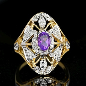 Vintage Gold Amethyst Ring, 10K Yellow & White Gold Amethyst Filigree Ring, Natural Amethyst Solitaire Ring, Floral Panel Ring