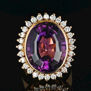 Vintage 14K Gold Amethyst Cocktail Ring: 1 Carat Diamond Halo