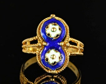 Vintage 18K Gold Enamel Ring, Target Flower Ring, Cobalt Blue Guilloche Enamel Floral Braid Ring, Statement Vintage Jewelry, Size 7.50