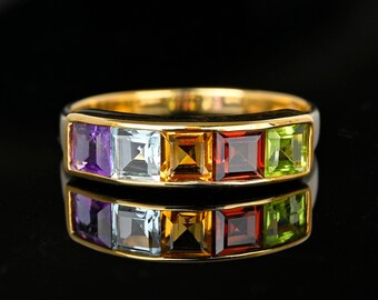 Multi Gemstone Rainbow Ring, 10K Gold Citrine Peridot Amethyst Topaz Garnet Five Stone Wide Band Ring, Harlequin Ring Vintage Jewelry