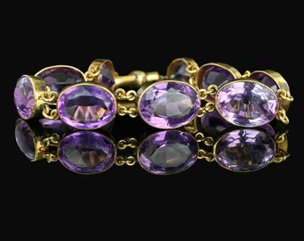 Antique Amethyst Bracelet, Gold Gild Silver Bracelet, Old Cut Purple Natural Gemstone Bracelet, Swivel Clip, Tennis Style Vintage Jewelry