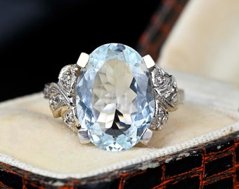 Art Deco Diamond Aquamarine Ring, 14K White Gold 5.5 CTW Aquamarine Diamond Ring, 1920s Aqua Cocktail Ring, Vintage Jewelry, Statement Ring