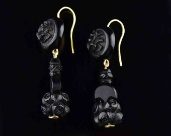 Antique Whitby Jet Earrings, Victorian Forget Me Not Mourning Jewelry, 1860s Forget Me Not Pierced Civil War Jewelry