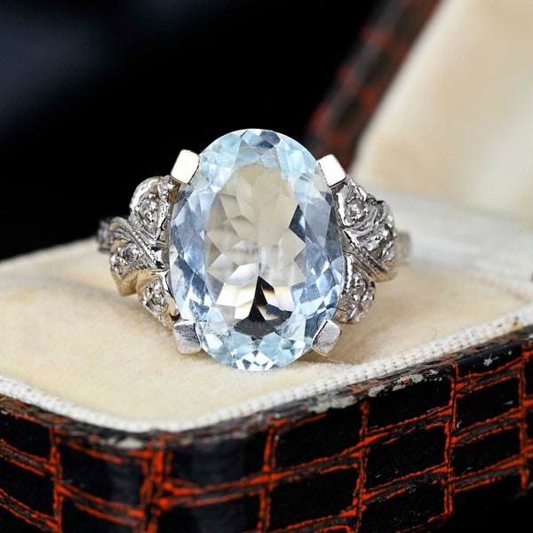 Art Deco Diamond Aquamarine Ring, 14K White Gold 5.5 CTW Aquamarine Diamond Ring, 1920s Aqua Cocktail Ring, Vintage Jewelry, Statement Ring