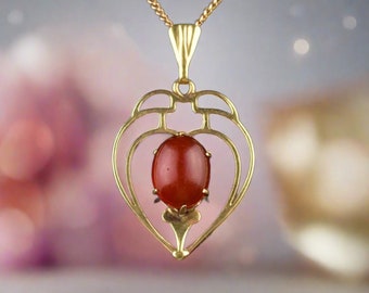 Vintage Carnelian Heart Necklace, Gold Art Deco Carnelian Cabochon Pendant Necklace, Vintage Jewelry