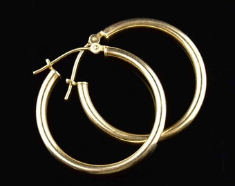 Vintage 14K Gold Hoop Earrings, Large Hoop Pierced Earrings, Solid Gold Hoops, Vintage Jewelry
