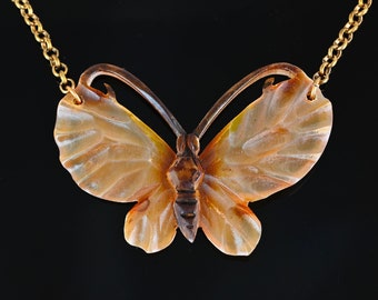 Art Nouveau Carved Horn Butterfly Necklace, French Iridescent Wings Insect Pendant, Vintage Large Animal Bug Figural Antique Jewelry