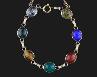 Vintage Scarab Bracelet, Egyptian Beetle Bug, 12K Gold Fill Gemstone Agate, Chrysoprase, Quartz, Carnelian Tigers Eye Insect Jewelry