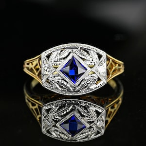 Art Deco 14K Gold Diamond Sapphire Ring, Vintage Square Blue Gemstone Sapphire, Gold Filigree Ring, Vintage Jewelry