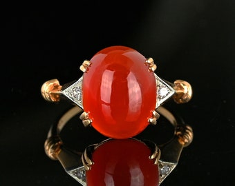 Art Deco Diamond Carnelian Ring, 10K Gold Oval Cabochon Ring, Diamond Chalcedony Large Statement Ring, Vintage Jewelry