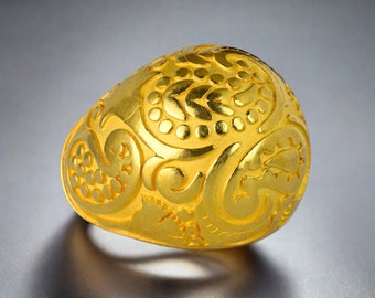 Carrera Y Carrera 18K Gold Dome Ring, Heavy Bombe Cocktail Ring, Paisley Floral Textured Aqua Ring, Estate Vintage Jewelry, 22 Grams