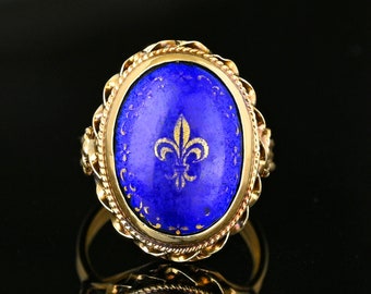 Vintage 14K Gold Fleur de Lis Enamel Ring, Gold Hand Painted Enamel Cocktail Ring, Fleur de Lis Ring, Pinky Ring, Vintage Jewelry