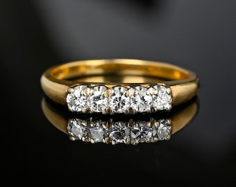 Anello vintage con diamante in oro 14K, anello di fidanzamento con fede nuziale in cinque pietre, anello impilabile mezza eternità in stile vittoriano, gioielli vintage immobiliari