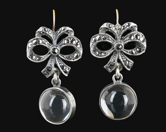 Art Deco Pools of Light Earrings, Gold & Silver Rock Crystal Quartz Marcasite Dangle Bow Earrings, Vintage Jewelry