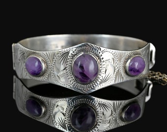 Excalibur Silver Bangle Amethyst Bracelet, Birmingham Engraved Silver Bracelet, Heavy Wide Silver Bracelet, Natural Amethyst Vintage Jewelry