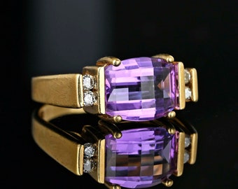 Diamond Fancy Cut Amethyst Ring, 10K Gold February Birthstone Ring, Modernist Specialty Barrel Cut Ring, Purple Gemstone Vintage Jewelry