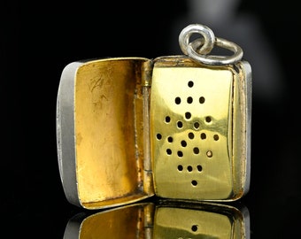 Antique Silver Vinaigrette Pendant, Victorian Pendant, Silver Gold Gilt Scented Oil Perfume Holder, Locket Style Vintage Jewelry