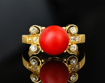 18K Gold Diamond Cabochon Coral Ring, Red Mediterranean Coral Cabochon Ball Ring, Statement Ring, Diamond Cocktail Ring, Vintage Jewelry