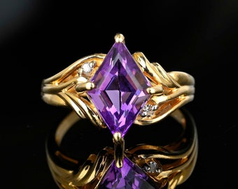 Vintage Diamond Lozenge Cut Amethyst Ring, 10K Gold 2.25 CTW Amethyst Cocktail Ring, Purple Gemstone February Birthstone, Estate Jewelry