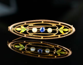 Krementz Enamel Pearl Sapphire Brooch, Antique 10K Gold Enamel Leaf Sapphire Pin, Edwardian Sweetheart Brooch 1900s Vintage Jewelry