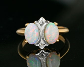 Art Deco Diamond Opal Ring, 14K Gold Antique Opal Cabochon Ring, Double Opal Ring, Fine 1920s Vintage Jewelry