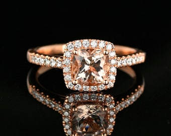 Diamond Halo Morganite Ring, 10K Rose Gold Ring, Beryl Pink Gemstone Engagement Ring, Vintage Jewelry
