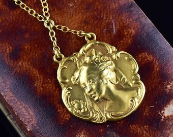 Art Nouveau Gold Lady Pendant, Sterling Silver Gold Vermeil Lady Mucha Style Pendant Necklace, Antique Jewelry