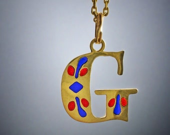 Plique a Jour Enamel Initial Pendant, 10K Gold Antique Art Nouveau Style Pendant, Letter G Gold Charm, Stained Glass Charm, Vintage Jewelry