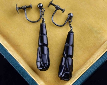 Antique Whitby Jet Earrings, Carved Victorian Torpedo Earrings, Black Mourning Jewelry, Chandelier Screw Back Vintage Jewelry