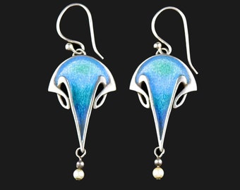 Art Nouveau Style Pearl Blue Enamel Earrings, Silver Malcolm Gray Ortak Enamel Pearl Chandelier Earrings, Statement Vintage Jewelry