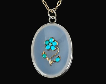Antique Gold Chalcedony Turquoise Pendant, Forget Me Not Flower Victorian Necklace, Silver 1880s Antique Jewelry, Chalcedony Vintage Jewelry