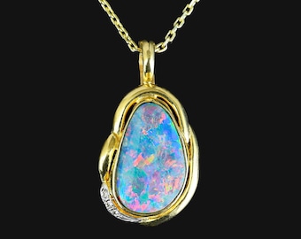 Diamond Boulder Opal Pendant, 14K Gold Australian Boulder Opal Necklace, Diamond Accent, Pendant Enhancer Anniversary Gift, Vintage Jewelry