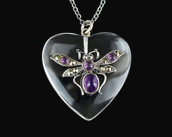 Rock Crystal Heart Amethyst Bug Pendant, Silver Arts Deco Marcasite Amethyst Quartz Heart Necklace, Insect Jewelry