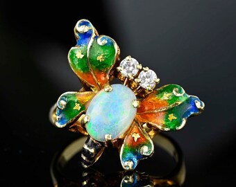 Enamel Butterfly Diamond Opal Ring, 14K Gold Butterfly Ring, Art Nouveau Style Enamel Ring Insect Bug Jewelry, Statement Vintage Jewelry