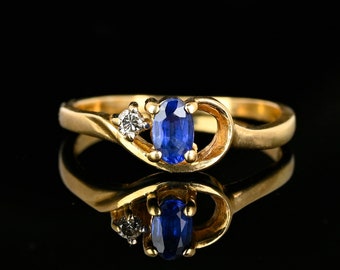 14K Gold Diamond Blue Sapphire Ring, Oval Sapphire Solitaire Diamond Ring, Alternative Engagement Ring, Vintage Jewelry