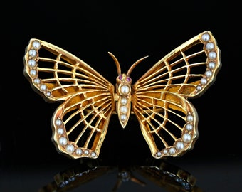 Antique Ruby Pearl Butterfly Brooch, 14K Gold Art Nouveau Brooch Pin, AJ Hedges Ruby Butterfly Antique Scarf Clip Pin, Vintage Jewelry