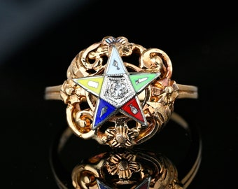 Vintage Diamond Enamel Star Ring, 10K Rose Gold OES Order of the Eastern Star Masonic Ring, Fine Estate Fraternal Jewelry, Floral Ring