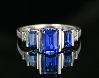 Vintage Diamond Sapphire Ring, 10K White Gold Sapphire Diamond Ring, Three Stone Emerald Cut Sapphire Ring, Statement Vintage Jewelry