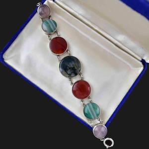 Vintage Scottish Moss Agate Bracelet, Silver Picture Agate Amethyst Banded Agate Carnelian Bracelet, Victorian Style Vintage Jewelry