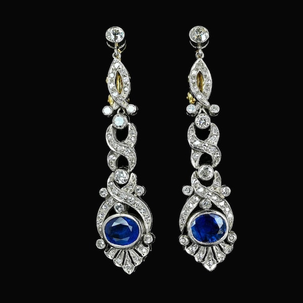 Platinum Diamond Ceylon Sapphire Earrings, Art Deco Long Dangle 1.5 Carat Diamond Earrings, Chandelier Bridal Earrings, Vintage Jewelry